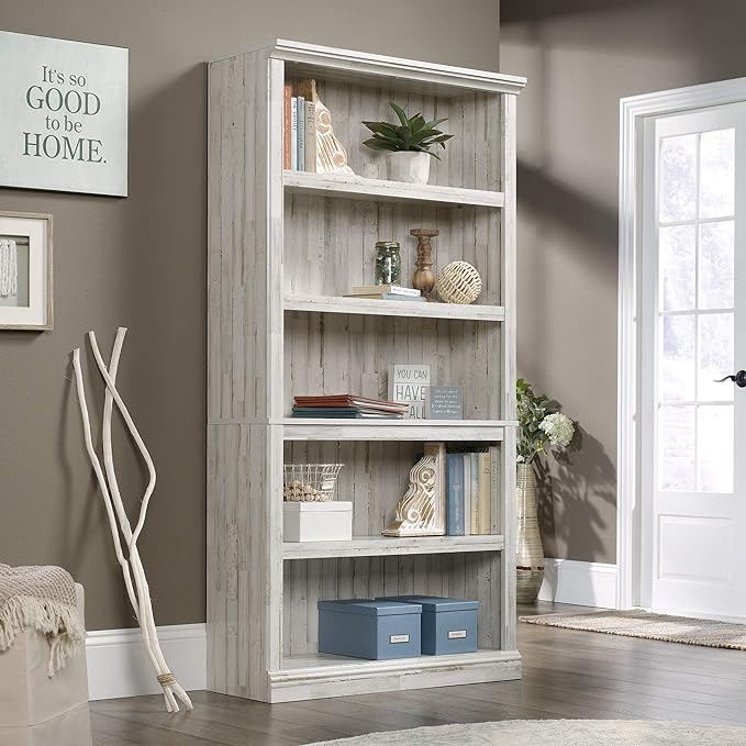 Sauder 5 Tier Book Shelf Wooden Bookcase Multipurpose Bookshelf for Home Office, Living Room, in White Plank