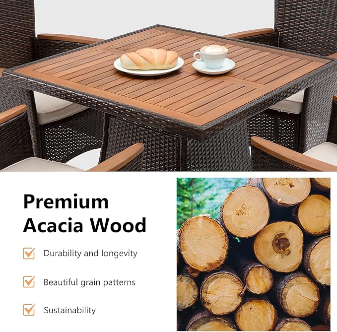 Wisteria Lane Patio Outdoor Table and Chairs Set, Rattan Outdoor Patio Furniture Set with Removable Cushions, Outdoor Patio Dining Sets with Acacia Wood Tabletop for Deck Garden Backyard, Brown