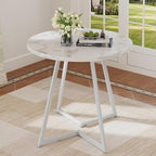 VECELO Round Dining Room Table with Wood Grain Tabletop and Steel Frame, for Kitchen, Living Room, Office, Conference, 2 to 4 Person, Fuax Marbled & White