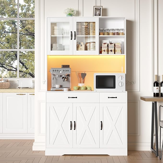 71" Kitchen Pantry Cabinet: Hutch Cabinets with Glass Doors, Pantry Cabinets with Drawers, Adjustable Shelves, LED Light & Power Outlets for Kitchen, Living Room, Dining Room