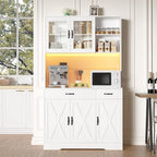 71" Kitchen Pantry Cabinet: Hutch Cabinets with Glass Doors, Pantry Cabinets with Drawers, Adjustable Shelves, LED Light & Power Outlets for Kitchen, Living Room, Dining Room