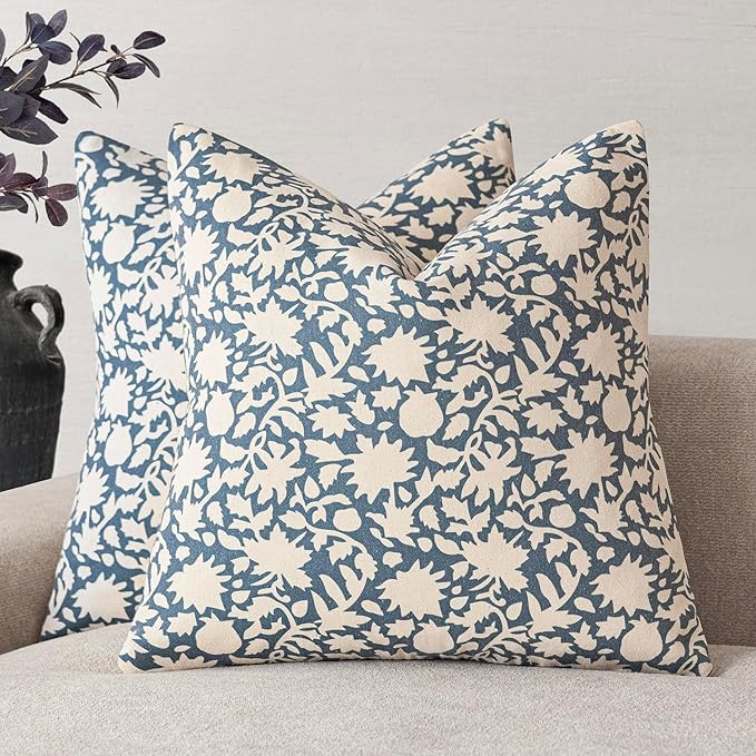 Foindtower Set of 2 Decorative Neutral Floral Throw Pillow Covers Accent Farmhouse Cushion Covers Boho Vintage Pillowcase for Couch Sofa Bedroom Living Room Home Decor,24×24 Inch,Dusty Blue