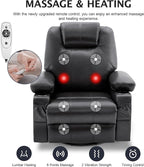 Oversized Swivel Rocker Recliner Sofa Chair with Heat and Massage, 360 Degree Swivel Single Sofa with Cup Holders and USB Port, Big Recliner Sofa Chair for Living Room(Leather, Smoky Black)