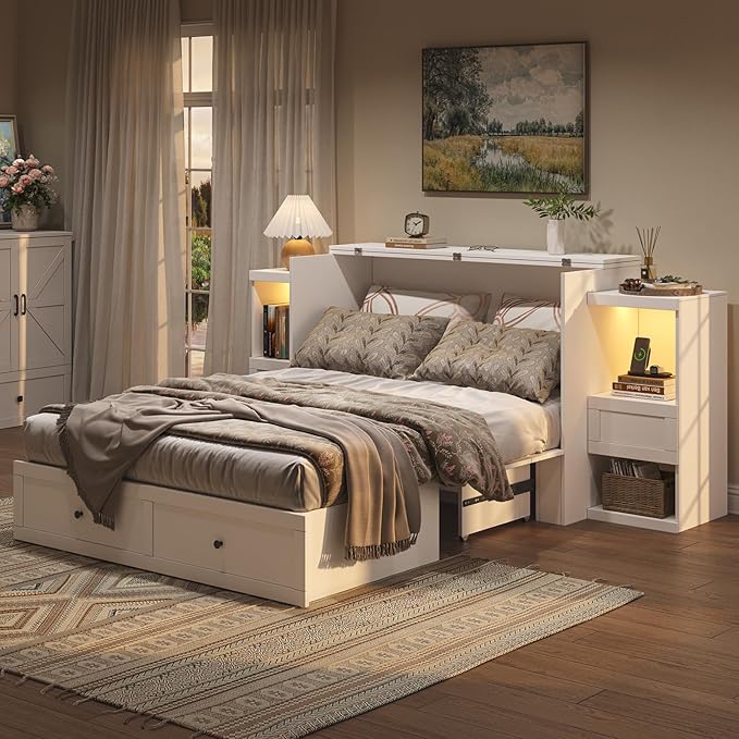 Full Size Murphy Bed with Bedside Tables,Full Size Foldable Cabinet Bed Frame with Charging Station & Drawer,Murphy Bed Chest with Adjustable LED Light for Bedroom,Guest Room,White