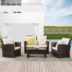 Wisteria Lane 4 Piece Patio Furniture Set, Wicker Outdoor Patio Conversation Furniture Set, All Weather Outdoor Patio Sofa with Cushion and Glass Table, Brown