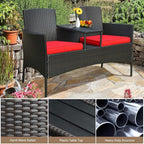 COSTWAY 2-Seat Patio Conversation Sets, Outdoor Patio Loveseat Set with Removable Cushions & Built-in Coffee Table for Backyard, Garden, Lawn, Balcony, Black+Red