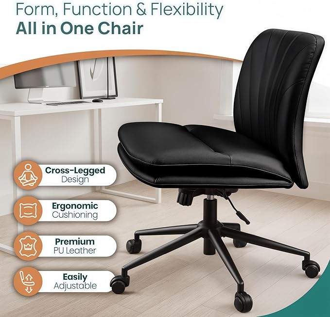 NYPOT Armless Desk Chair with Wheels for Criss Cross Sitting - Cross Legged Wide Armless Chair - Adjustable Vanity 360° Swivel Stool and 120° Rocking Wide Seat Comfy for Home and Office, Color Black