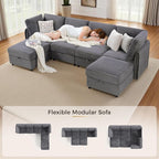 KKL Modular Sectional Sofa U-Shaped 6 Seater Couch with Storage Ottoman, Convertible L-Shaped Plush Wide-Wale Corduroy Couch for Living Room, Apartment, Modern Design, Gray