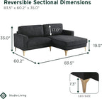 Studio Living® Matthew 83.5" Sofa Chaise, Mid-Century Modern, Pocket Coil Comfort, Reversable Chaise, Metal Brushed Bronze Legs, Chenille Fabric, Black