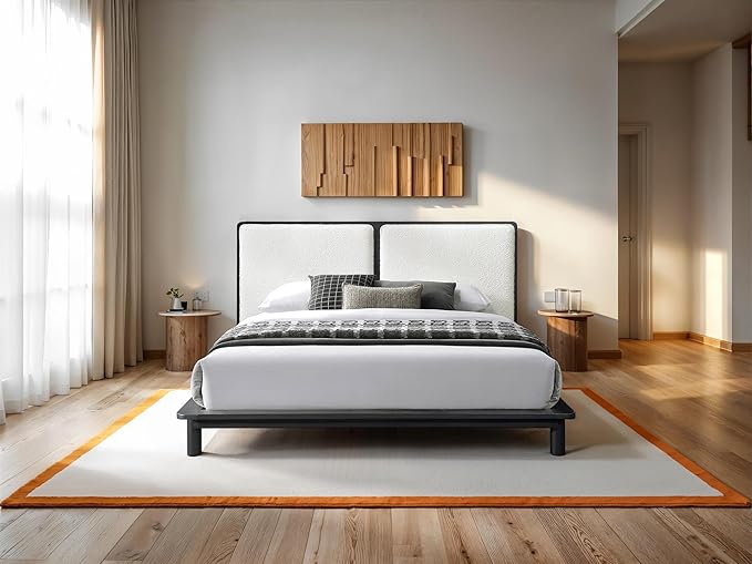Nord Queen Size Wood Platform Bed | Box Spring Not Required | Black Frame and Cream Beige Boucle