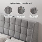 Ergonomic Upholstered Headboard Queen Size w/Charging Station, Linen Wingback Headboards w/Storage Pocket, Queen Headboard Only, Bed Frame Adapters, Sturdy Stable Solid Wood Bed Head Board, Light Grey