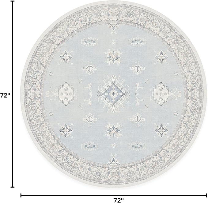 RUGGABLE Washable Vintage Area Rug – Verena Soft Blue 6 ft Round, Stain-Resistant, Non-Slip – Medium Machine Washable Rugs for Living Room, Bedroom, Hallway, Entryway & Office–with Cushioned Pad