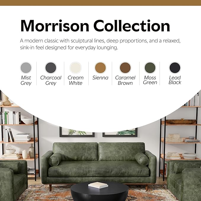 SIMPLIHOME Morrison 89-inch Wide Sofa in Moss Green Genuine Leather, Mid-Century Modern Design Couch for Living Room, Single Bench Cushion, 2 Back Cushions, 2 Bolster Pillows