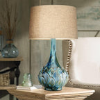 Possini Euro Design Kenya Modern Tropical Table Lamp with USB Dimmer 29 1/2" Tall Blue Green Glaze Ceramic Beige Linen Drum Shade for Bedroom Living Room House Home Bedside Nightstand Office Family