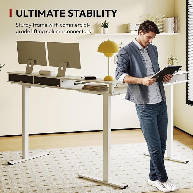 SANODESK 71" L Shaped Standing Desk with 4 Drawers, Height Adjustable Stand up Desk, Corner Gaming Desk with Monitor Stand, White Frame/White Top