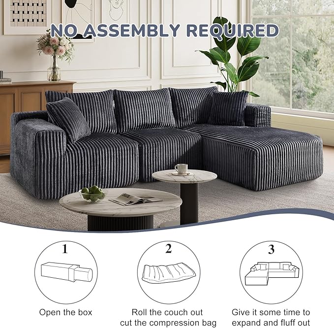 102" Modern Modular Sectional Sofa,Cloud Sectional Couch with Chaise,Deep Seat Boneless Sofa,Comfy Upholstered L-Shape Couch for Living Room,No Assembly Required,Grey
