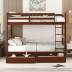 Merax Wood Bunk Bed with Drawers, Twin Over Twin Size Convertible Bunk Bed with Ladders and Two Storage Drawers,Solid Wood Detachable Bed Frame with Ladders, Walnut