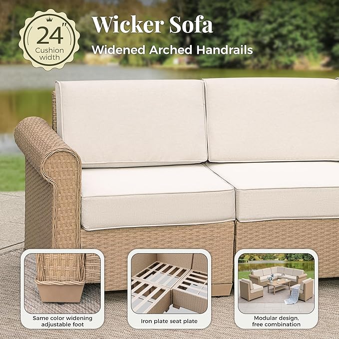 Patio Furniture Set, 5 Piece Outdoor Rattan Wicker Sectional Sofa Couch Conversation Set with 5.5" Thick Waterproof Cushions and Coffee Table for Deck Backyard