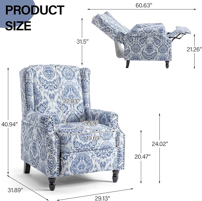 Recliner Chair, Upholstered Wingback Floral Pushback Armchair with Adjustable Backrest & Footrest, Comfy Accent Chair Reading Single Sofa for Small Spaces, Living Room, Bedroom (Navy Blue, Set of 1)