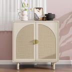 Beige Rattan Cabinet-2-Doors,Sideboard Buffet Cabinet with Storage-Accent Storage Cabinet with Cane Door, Boho Wood Credenza for Living Room, Kitchen,Dining Room or Office
