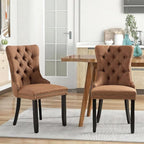 Linen Upholstered Dining Chairs Set of 8, Modern Style Kitchen Side Chairs with Nailhead Trim and Wood Leg, Metal Pulling Ring for Dining Room Living Room(Coffee,Set of 8)