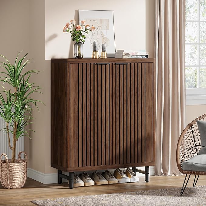Tribesigns Shoe Cabinet with Shutter Doors, 6-Tier Entryway Shoe Cabinet with Adjustable Shelves, Wooden Modern Rack Organizer for Entryway, Hallway, Closet, Living Room, Dark Walnut