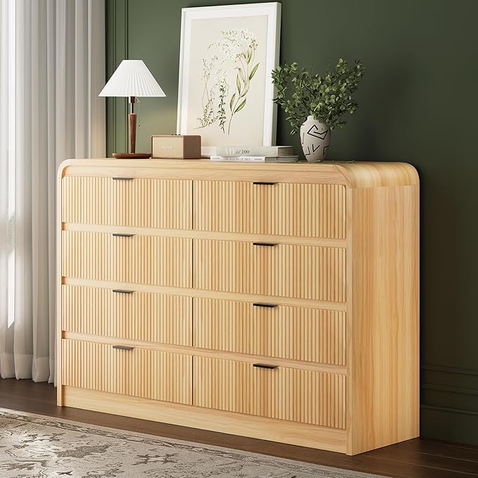 FURSUN Fluted 8 Drawers Dresser for Bedroom, 55" Wide Wooden Dresser with Metal Handle, Curved Profile Design, Modern Storage Organizer for Bedroom, Hallway, Natural Oak