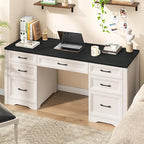 Farmhouse Executive Desk, Wood Home Office Desk with 2 Large File Drawers and 5 Storage Cabinets, Rustic Writing Desk for Work and Study, Black