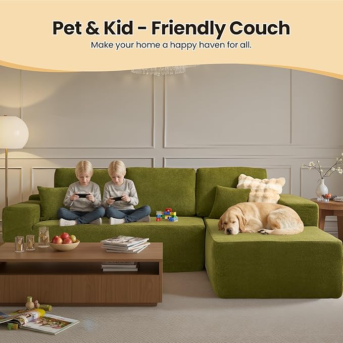 104" Cloud Sectional Couch with Chaise, Boneless L-Shaped Cloud Couch with Deep Seat, Modern Minimalist Sofa, Assembly Free Comfy Sofa for Office Living Room Study Room Apartment(Green, Right Chaise)