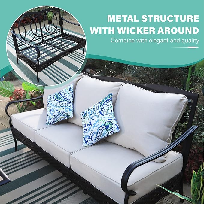 MFSTUDIO Outdoor Patio Furniture Set, 4 PCS Heavy-Duty Metal Patio Conversation Sets for 5, Patio Sectional Sofa Set with High Back 3-Seat Sofa, 2 Fixed Chairs, 1 Coffee Table, 5.5" Thicken Cushions