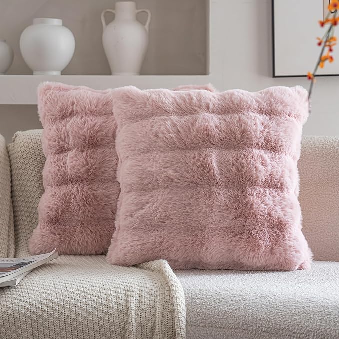 Neelvin Pink Faux Fur Cozy Soft Double-Sided Decorative Throw Pillow Covers 22x22 inch Set of 2,Velvet Pillowcase Cushion Case for Sofa Couch
