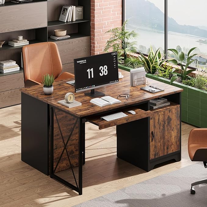 Bestier Office Desk with Keyboard Tray, 47 inch Industrial Computer Desk with Storage, Reversible Executive Desk with File Cabinet for Home Office Bedroom, Rustic Brown