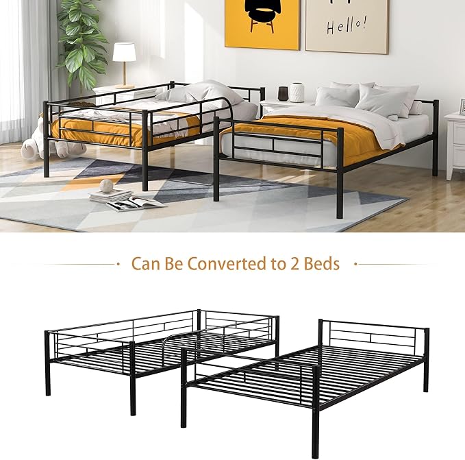 Merax Bunk Bed with Ladder and high Guardrail, Able to Split, Metal Bunk Bed, Storage Space, Noise Free,Twin Over Twin Size,Black