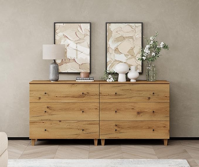 WAMPAT 6-Drawer Kids Dresser for Bedroom, 2-in-1 Modern Large Chest of Drawers with Black Knobs, 71 Inch Wide Oak Brown Wood Children Dresser for Baby Room, Nursery