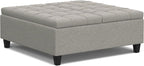 SIMPLIHOME Harrison 40 inch Wide Transitional Square Large Coffee Table Storage Ottoman in Cloud Grey , Assembled, For the Living Room and Bedroom