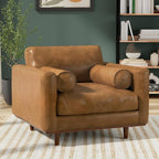 SIMPLIHOME Morrison Accent Chair - 43 inch Wide Upholstered Top Grain Genuine Leather Mid-Century Modern Arm Chair with Solid Wood Frame in Sienna, for Living Room or Bedroom with 2 Bolster Pillows