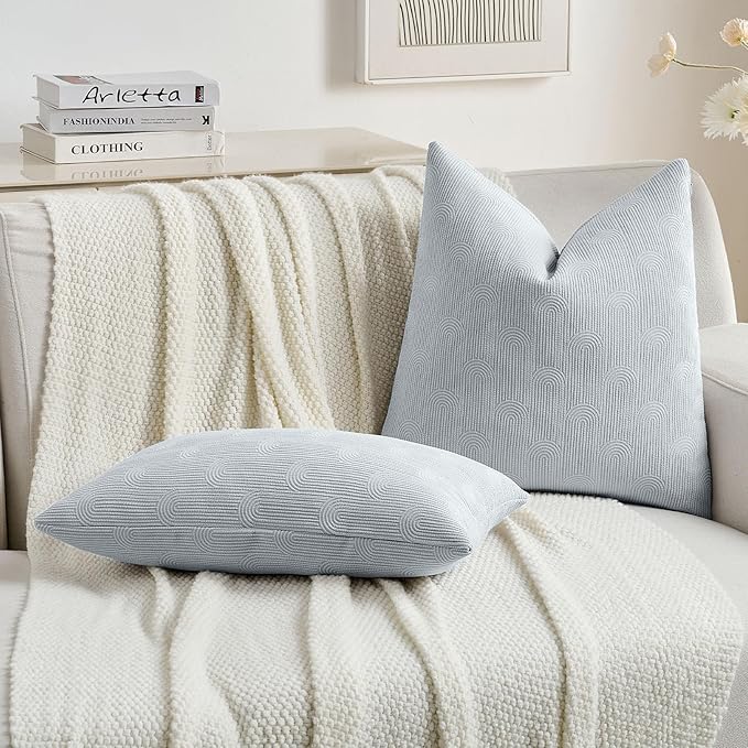 FUTEI Light Blue Chenille Decorative Throw Pillow Covers 20x20 Inch Set of 2,Soft Cozy Striped Geometric Patterns Cushion Cases,Modern Home Decor for Couch Bed Living Room