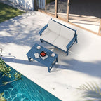 SERWALL Outdoor Loveseat, Blue Frame and Khaki Cushion