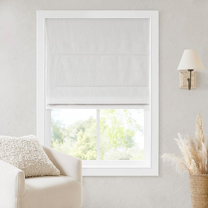 Madison Park Cordless Roman Shades, Total Blackout Window Blind Privacy Window Shades, Thermal Insulated Cordless Window Treatment for Bedroom, Living Room, Quincy, Single Panel 33" W X 64" H White