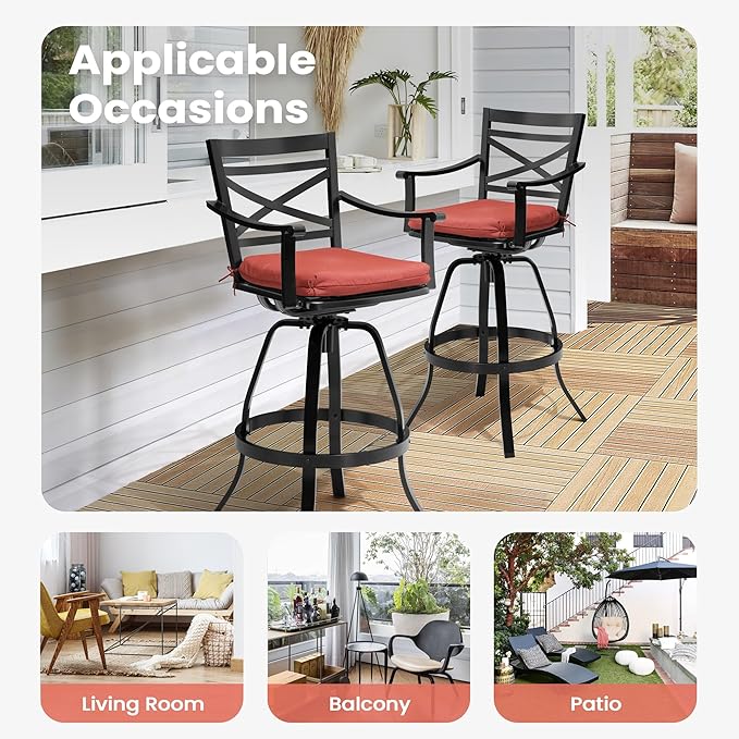 Pellebant 30" Sunbrella Outdoor Bar Stools Set of 4 Aluminum Swivel Patio Bar Height Bar Stools with Back & Footrest, for Deck Lawn Garden(Red)