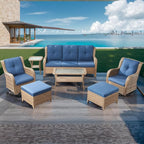 HUMMUH Patio Furniture 7 Pieces Outdoor Furniture Set PE Wicker Patio Couch with Swivel Rocker Chairs,Patio Ottomans,Outdoor Tables, Yellow/Blue