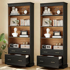 LITTLE TREE 72" Tall Black Bookcase, 5-Tier Office Bookself with File Cabinet Drawers,Modern Floor Standing Storage Filing Cabinet Book Shelf for Living Room,Bedroom(2 Piece,Black)