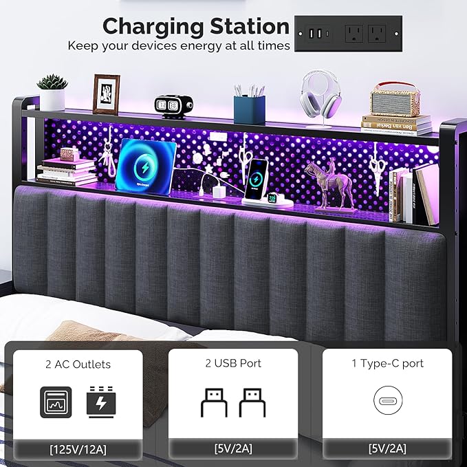 VINGLI King Size Headboard Only, Adjustable Upholstered Headboard with 2 Tier Shelves and Pegboard with Charging Stations and LED Lights, Modern Bed Headboard with Storage for Bedroom Decor