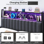 VINGLI King Size Headboard Only, Adjustable Upholstered Headboard with 2 Tier Shelves and Pegboard with Charging Stations and LED Lights, Modern Bed Headboard with Storage for Bedroom Decor