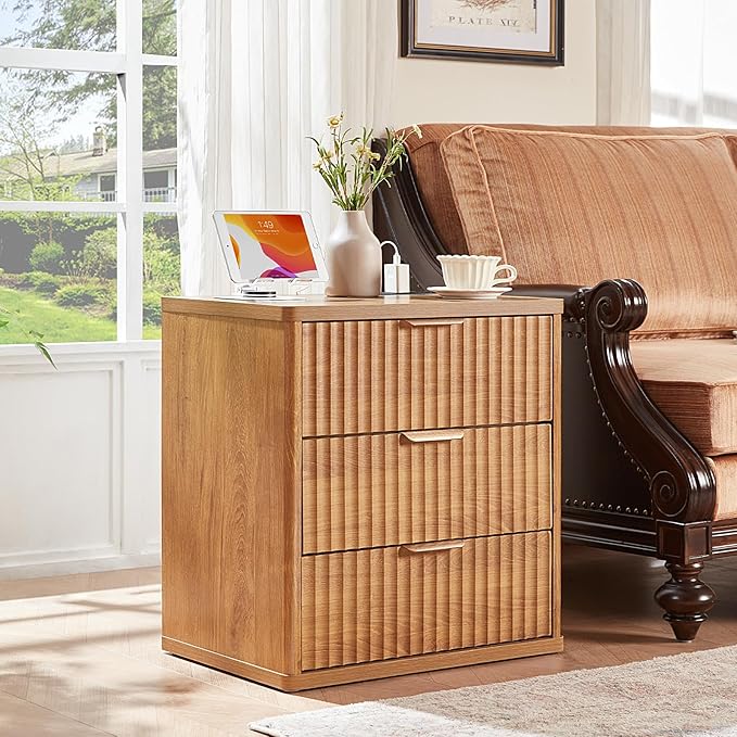 LEYAOYAO 23" Wide Fluted Farmhouse Night Stand Set of 2 with Charging Station, 3 Drawers Large End Table w/Metal Handle, Brown Nightstand Bedside Table,Wood Dresser for Bedroom, Closet