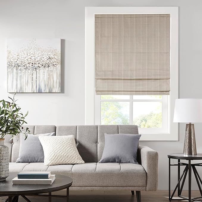 Madison Park Galen Cordless Roman Shade, 23"W x 64"H, Sheen Taupe – Room Darkening, Thermal Insulated, Energy Efficient Window Blind with Subtle Sheen Basketweave Fabric for Privacy