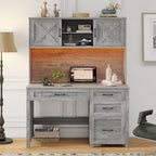Farmhouse 67" H Executive Desk with Hutch,Office Desk with 4 Drawers and LED light, Wood Workstation for Home Office and Study, Computer Desk with Storage Cabinet,File Drawers, Charging Station.Gray
