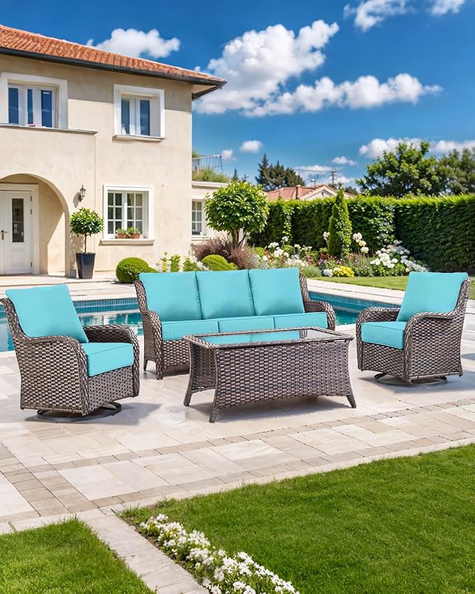 Luxury 22x24/22x25 6-Inch Outdoor Deep Seat Cushions Set of 6 - Comfortable Patio Zipper Chair Cushion for Wicker Dining Rocking Gilider Loveseat Couch Sectional Sofa - Turquoise