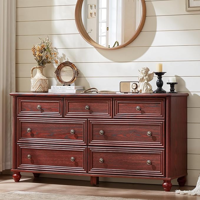 7 Drawers Dresser for Bedroom, Farmhouse 54" Wide Wood Dressers Chest of Drawers, Vintage Design TV Stand, Rustic Storage Dresser Organizer with Metal Handle Closet for Living Room, Hallway