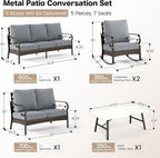 5 Piece Metal Outdoor Patio Furniture Set, Patio Conversation Sets 3-Seater Sofa, 2-Seater Sofa, 2 Rocking Sofa with 5.75" Thick Cushion & Coffee Table Black Backyard Furniture, Gray
